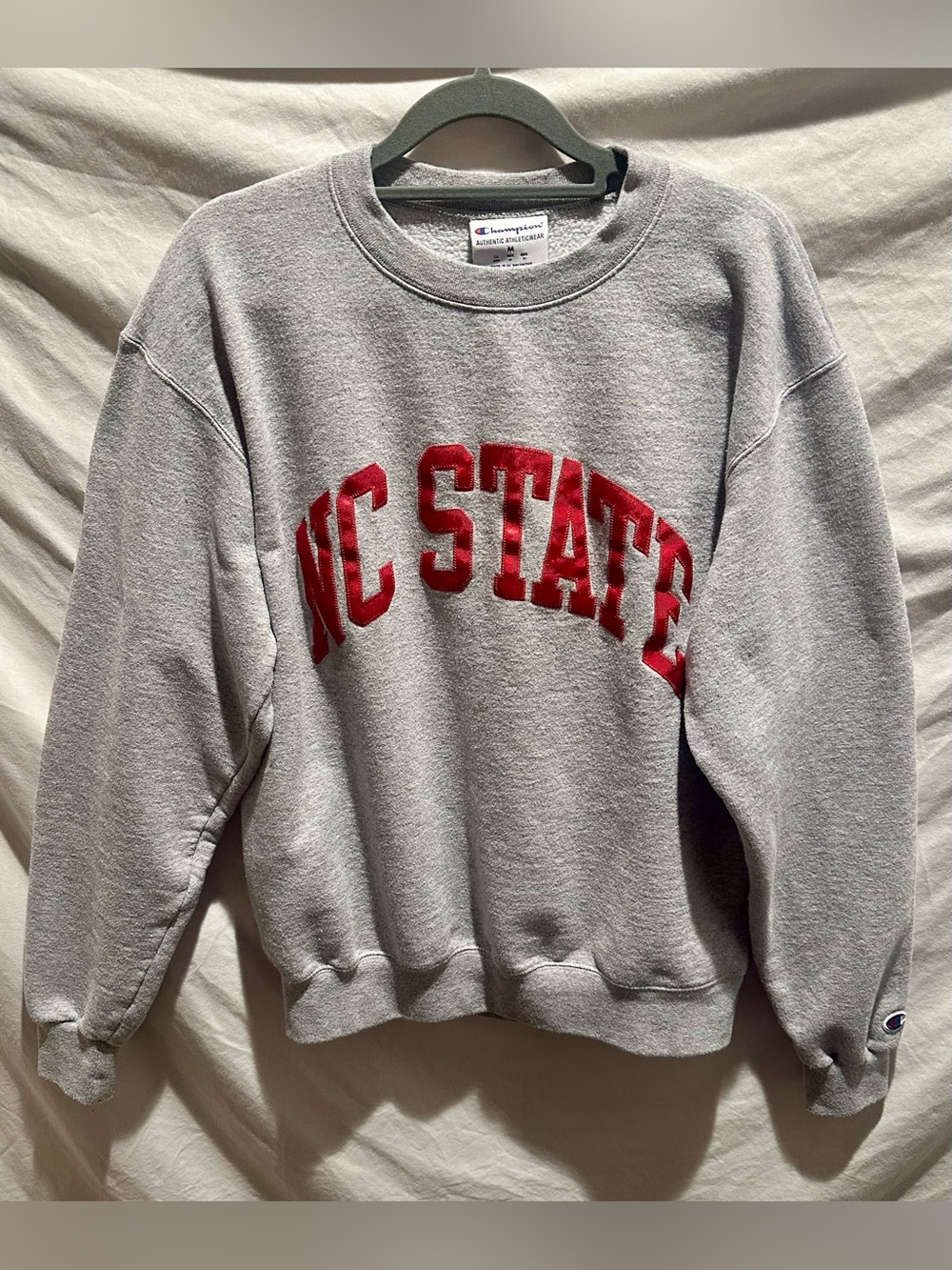 Champion Gray NC State Crewneck Sweatshirt with Red Letter